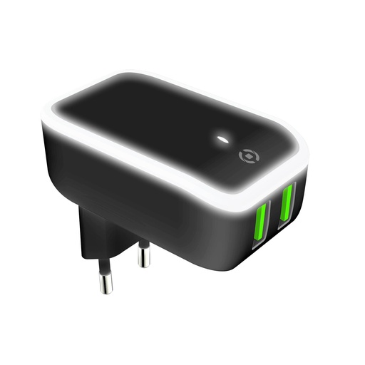 [TC2USBLEDBK] TRAVEL CHARGER 2USB 12W LED BLACK